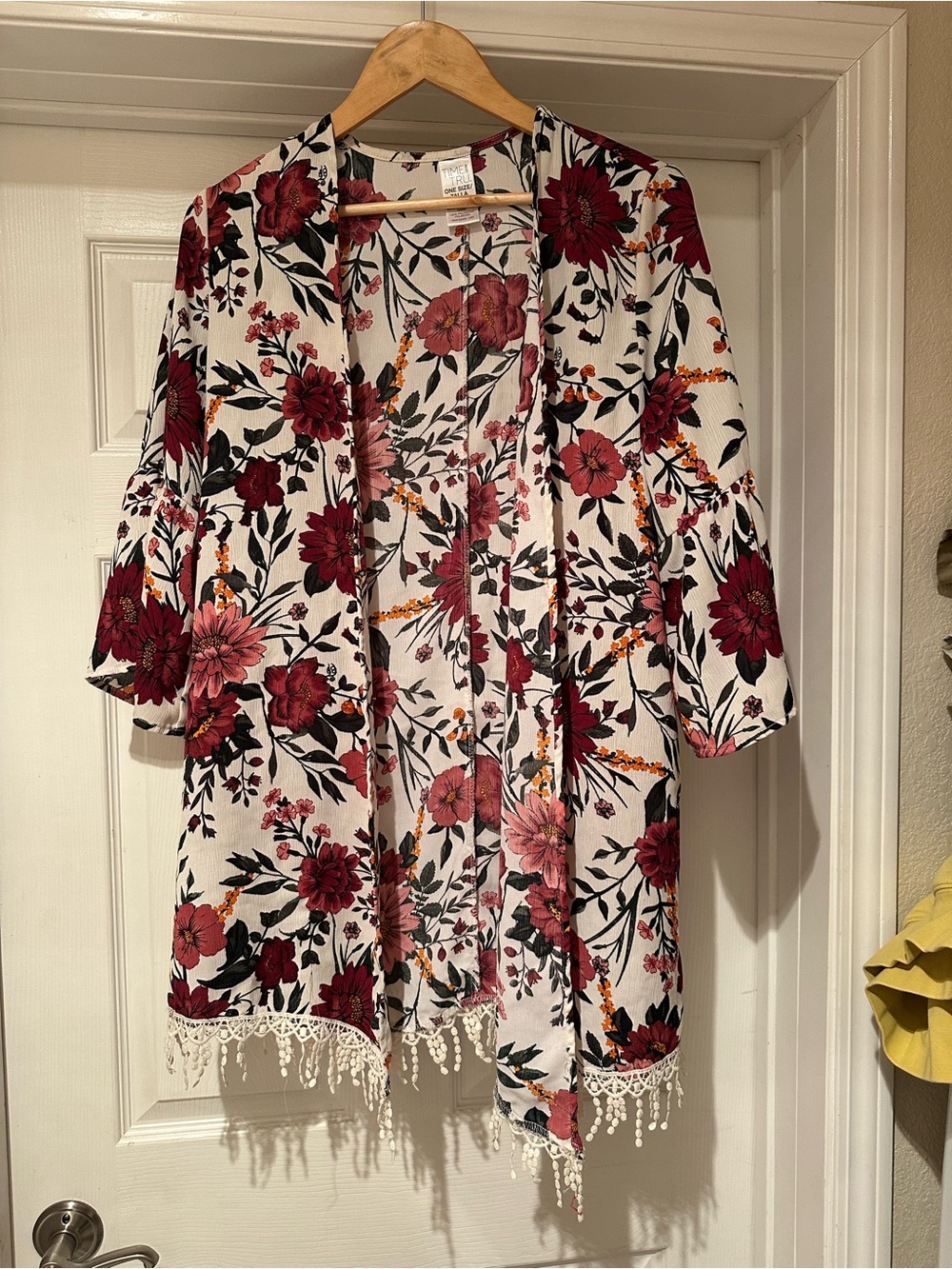 Floral Lace-Trim Open Kimono - Cream with Burgundy & Black Floral Print